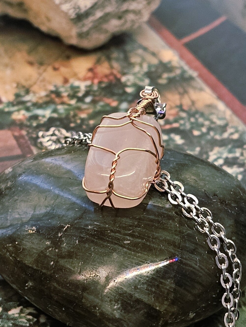 Rose Quartz Wire-Wrap Pendant Necklace - Pink Crystal Jewelry